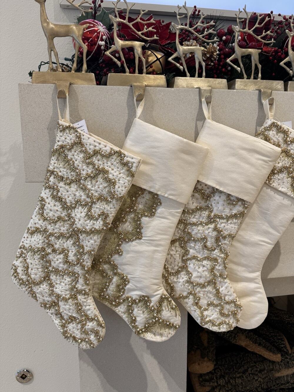 Neiman Marcus 19” White Gold Hand Beaded Mist No Cuff Christmas Stocking